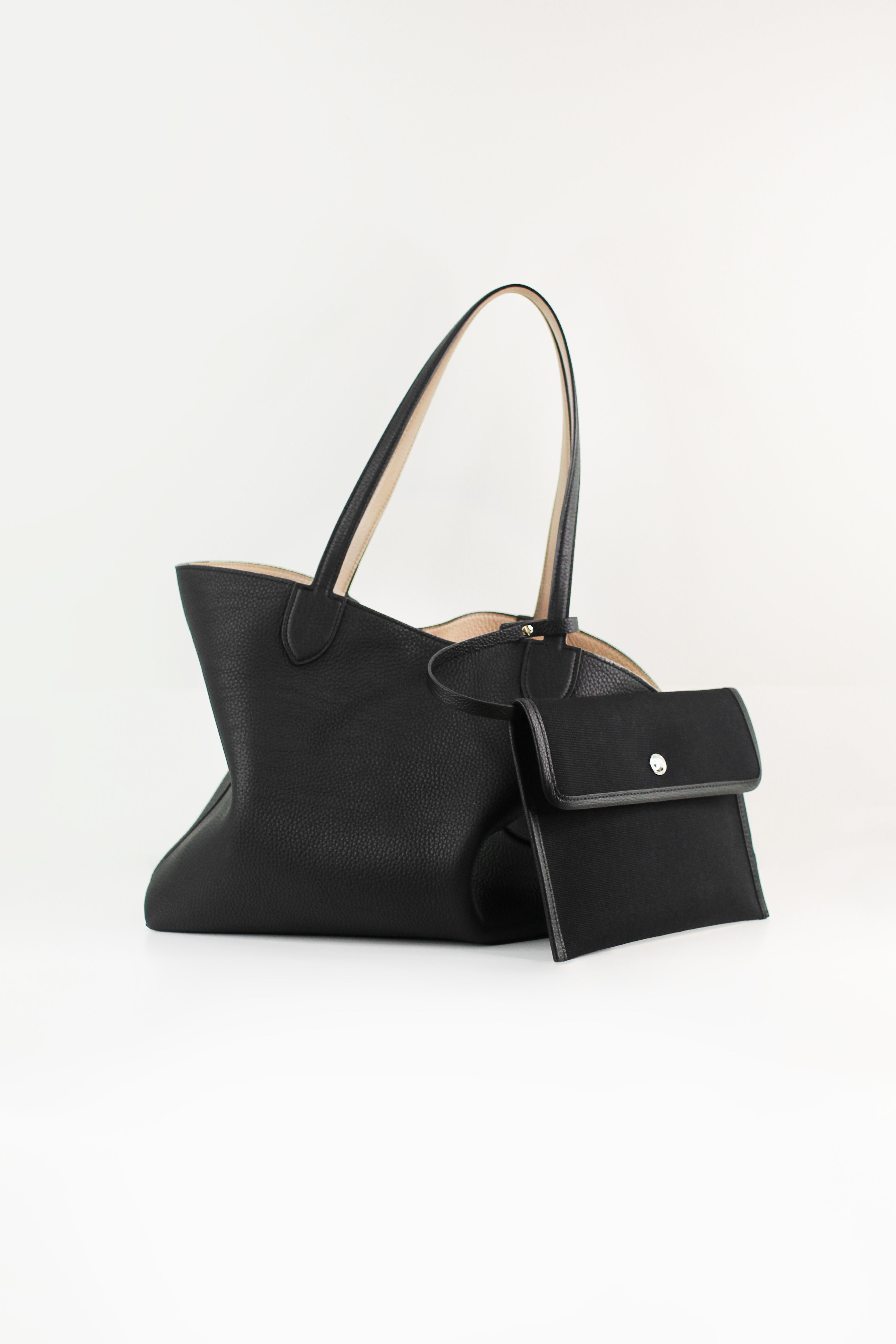 RIVOLI REVERSIBLE LEATHER TOTE BAG EAST/WEST CHARCOAL GREY/PRUNE