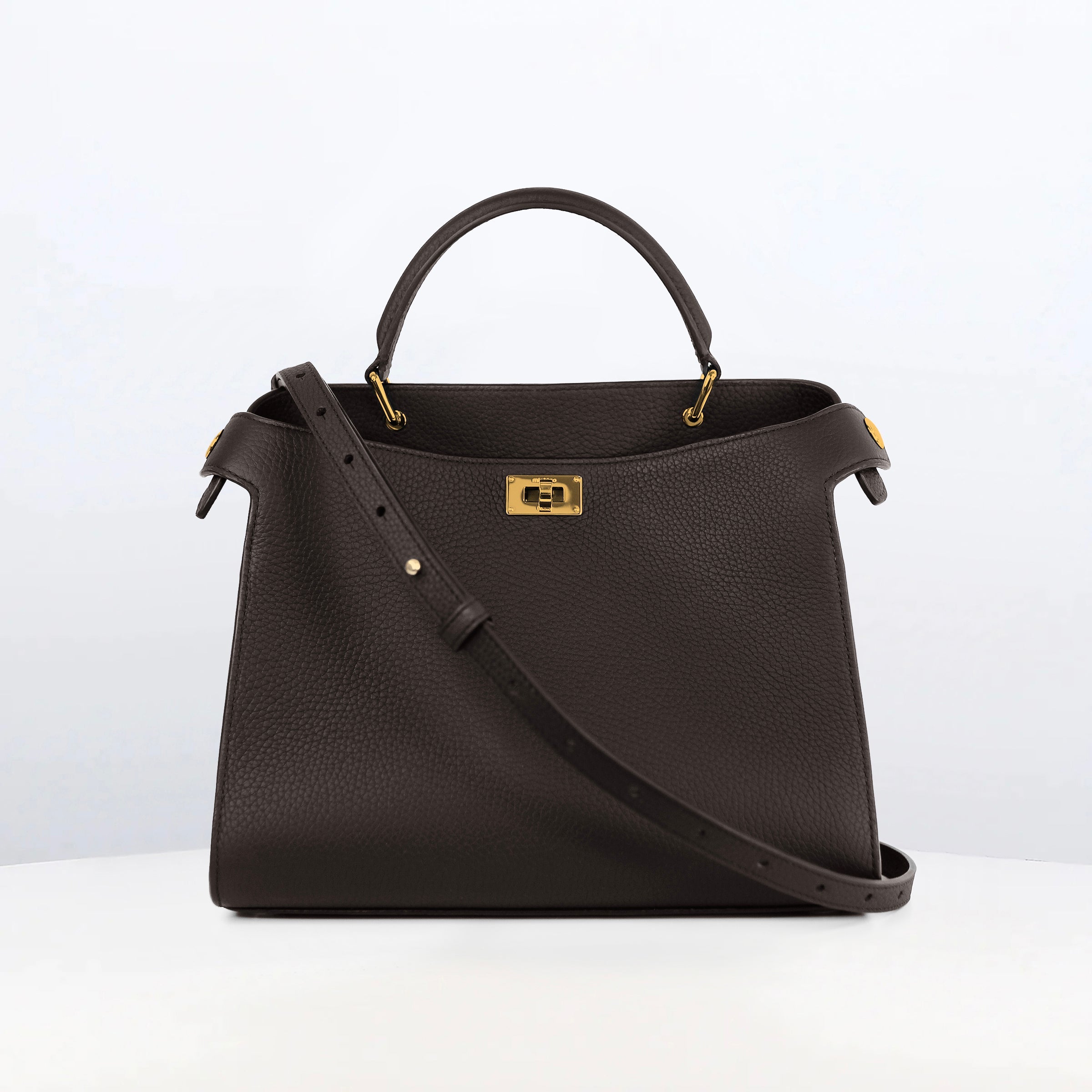 LEATHER HANDBAG LUTECE 27 CHOCOLATE WITH GOLD HARWARE