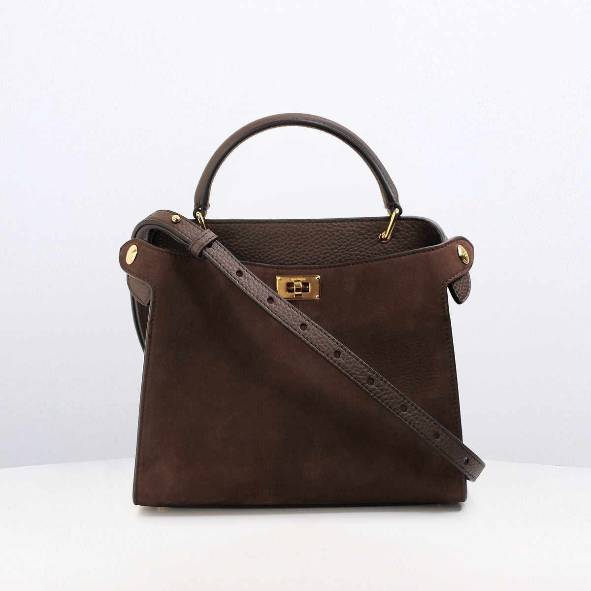 LEATHER HANDBAG LUTECE MINI NUBUCK CHOCOLATE WITH GOLD HARDWARE