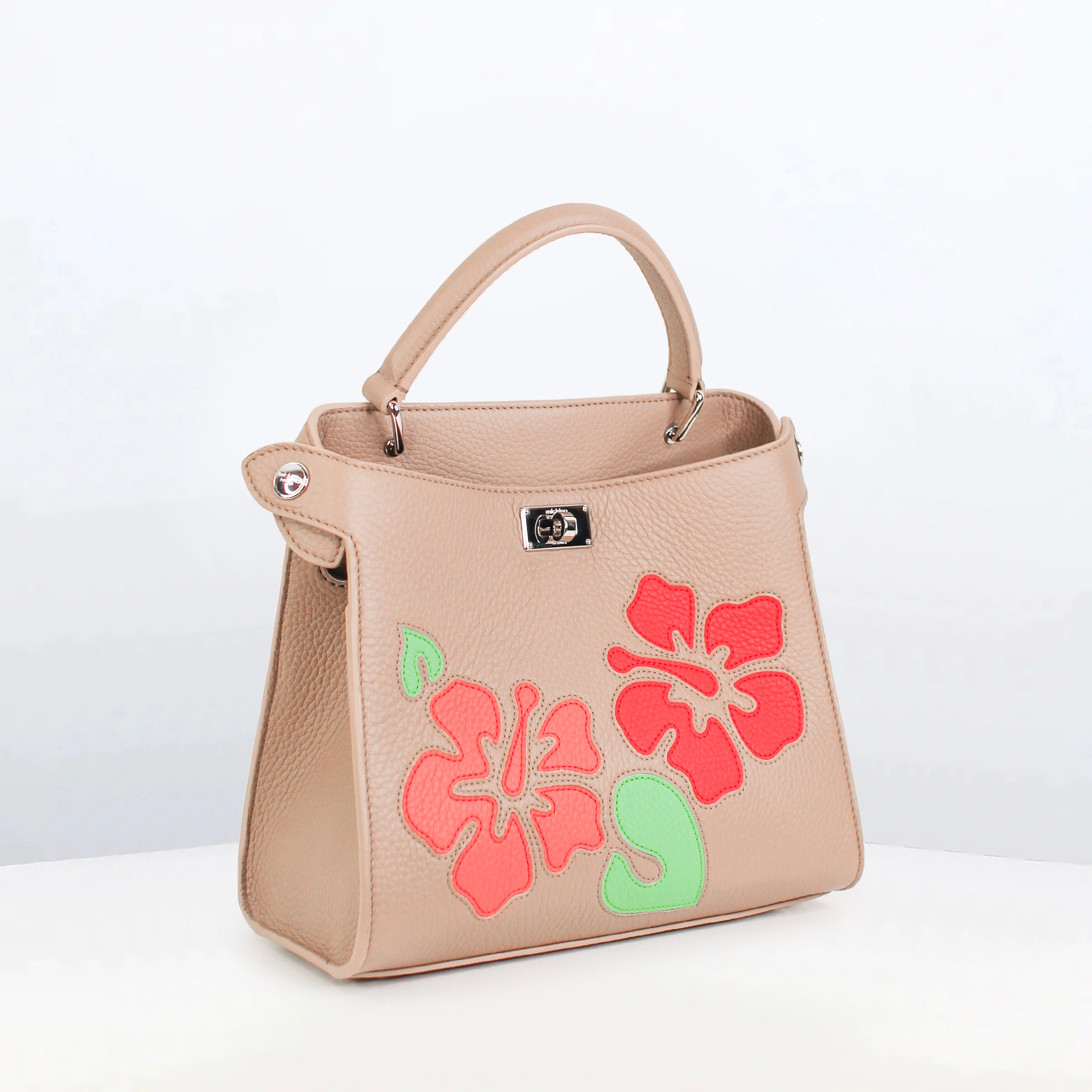 LEATHER HANDBAG LUTECE MINI INTERSIA TOURTERELLE RED FLOWERS