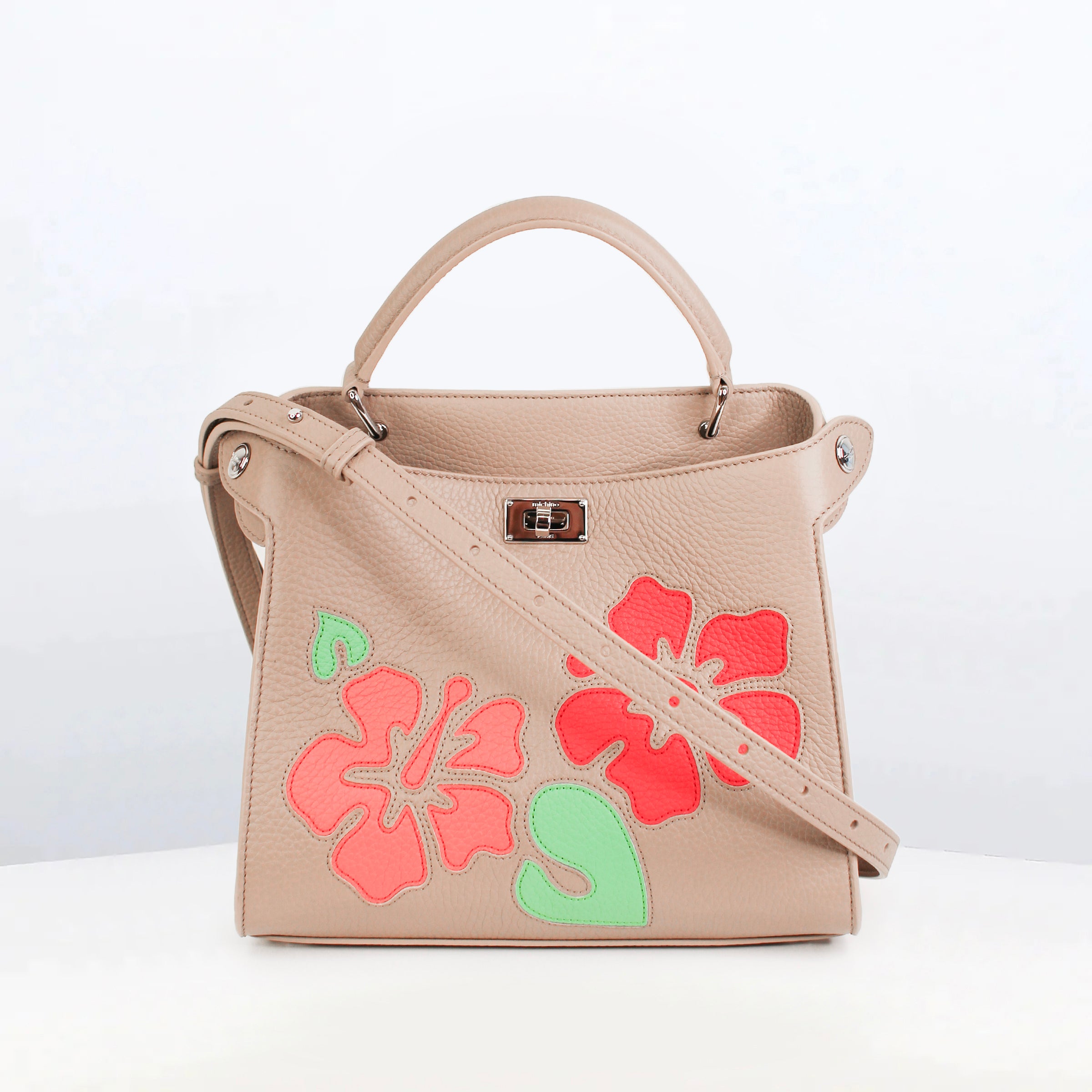 LEATHER HANDBAG LUTECE MINI INTERSIA TOURTERELLE RED FLOWERS