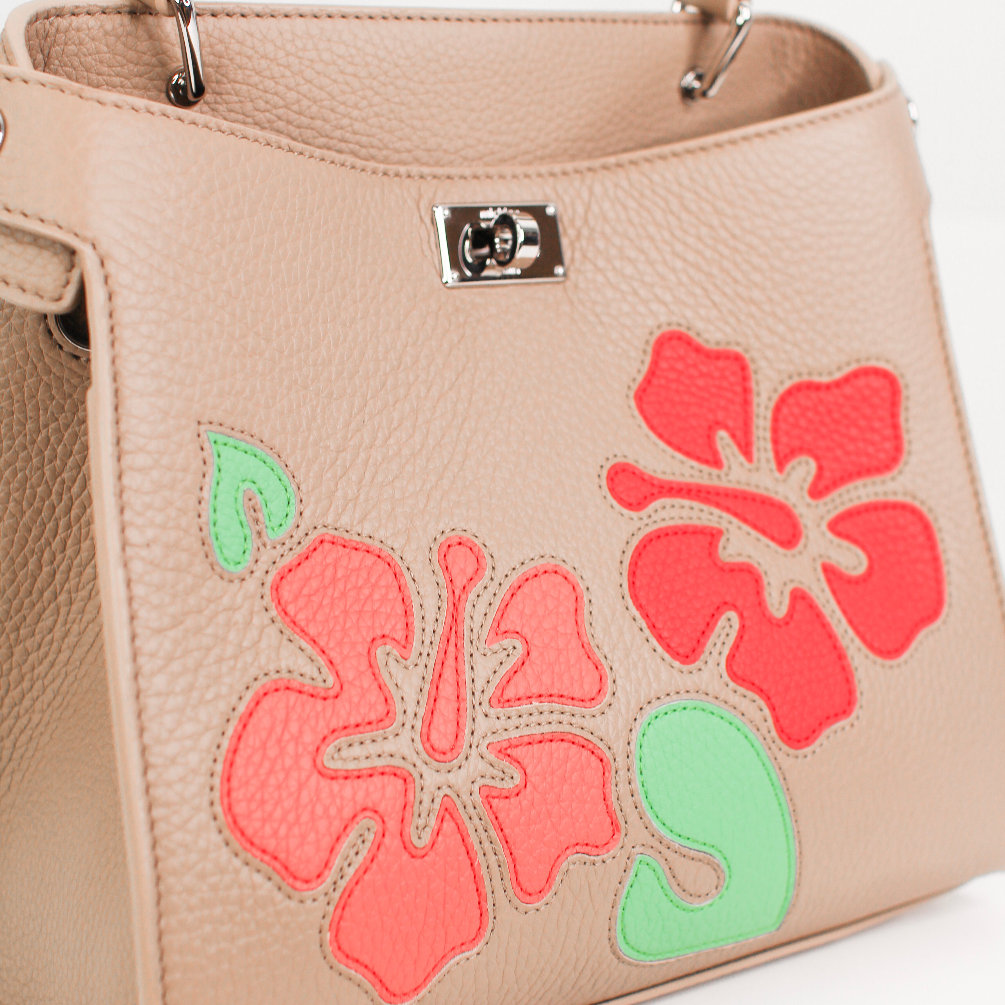 LEATHER HANDBAG LUTECE MINI INTERSIA TOURTERELLE RED FLOWERS