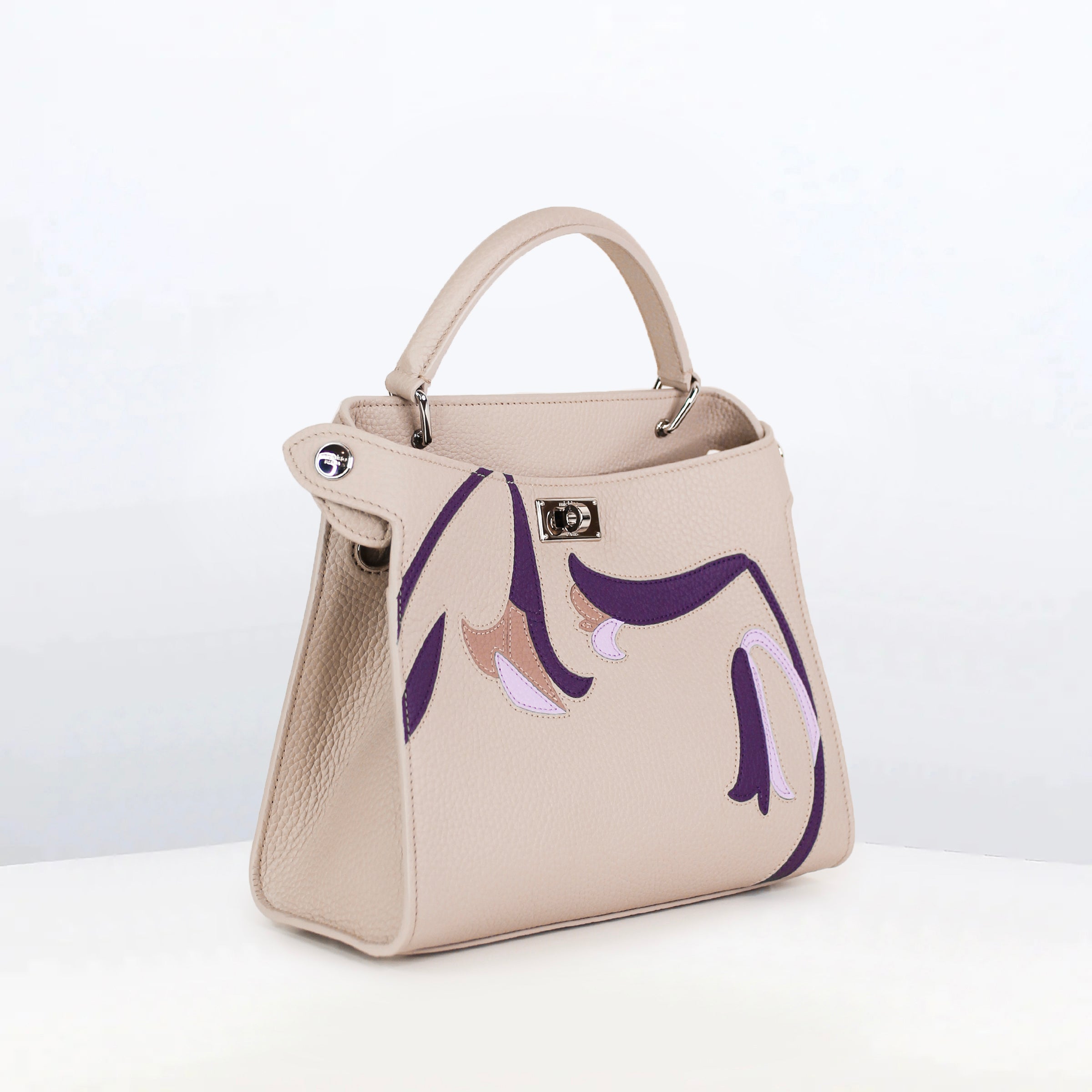 LEATHER HANDBAG LUTECE MINI INTERSIA PURPLE FLOWERS