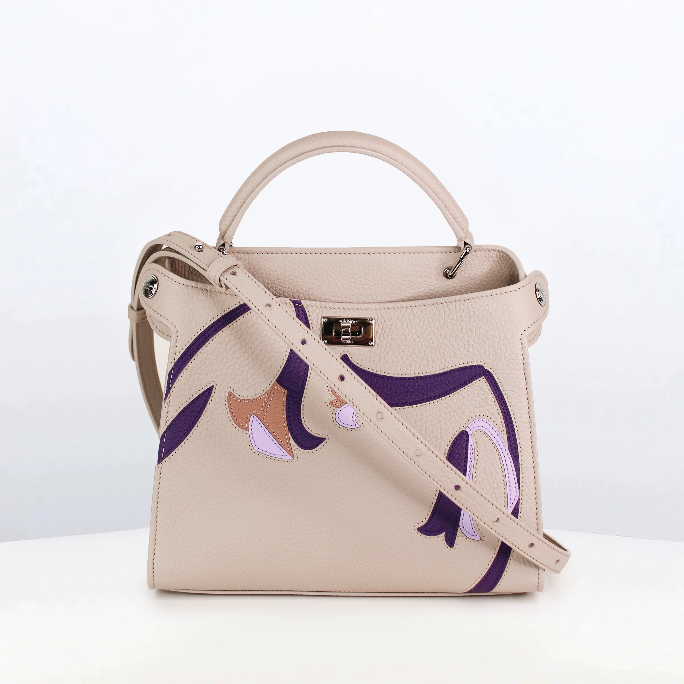LEATHER HANDBAG LUTECE MINI INTERSIA PURPLE FLOWERS