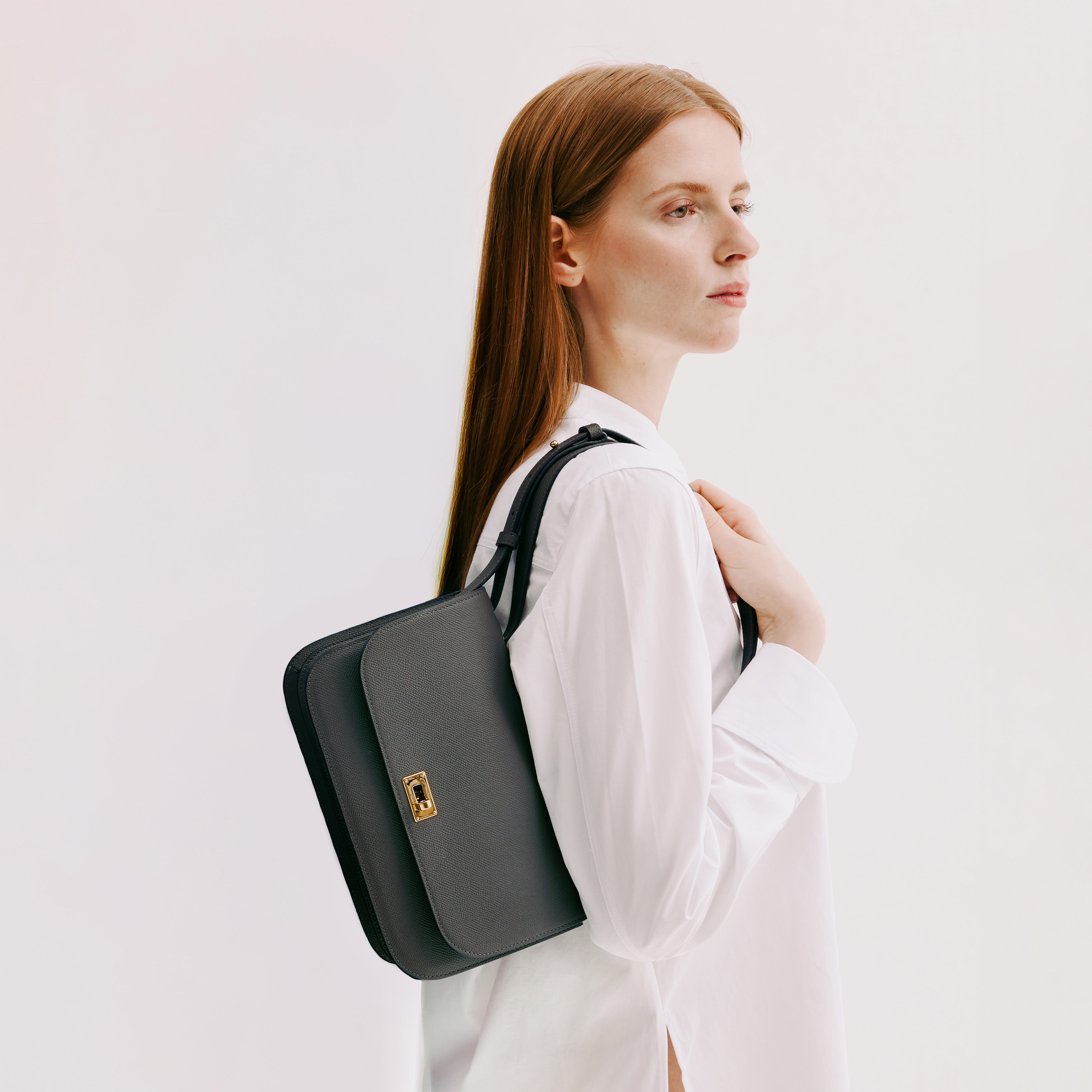 LEATHER FLAP BAG ELYSEE EAST/WEST CHARCOAL GREY