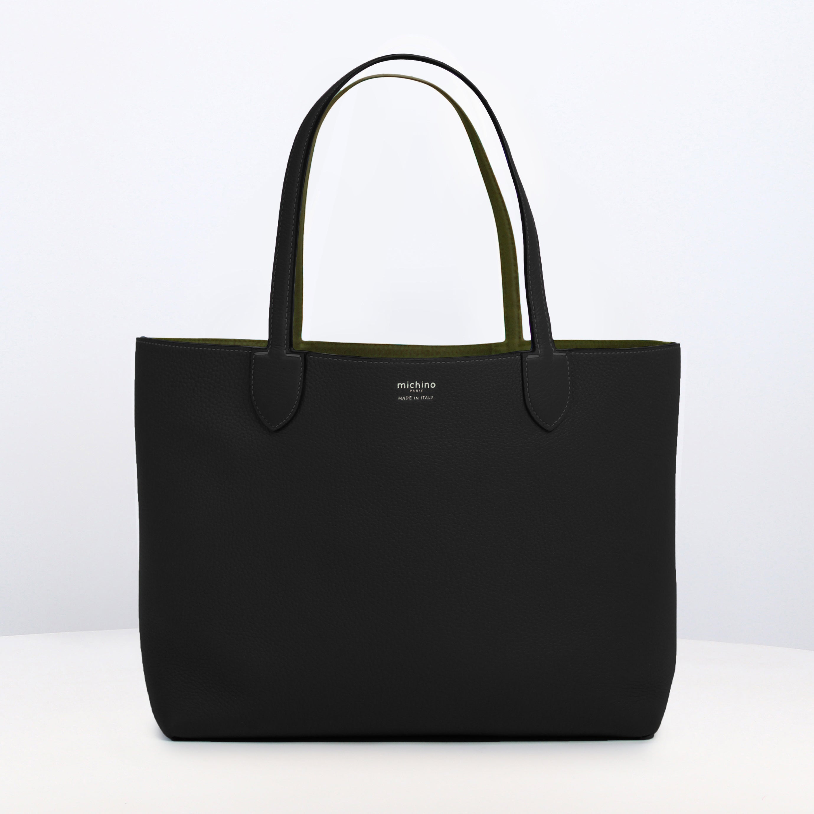 RIVOLI REVERSIBLE LEATHER TOTE BAG EAST/WEST BLACK/KHAKI