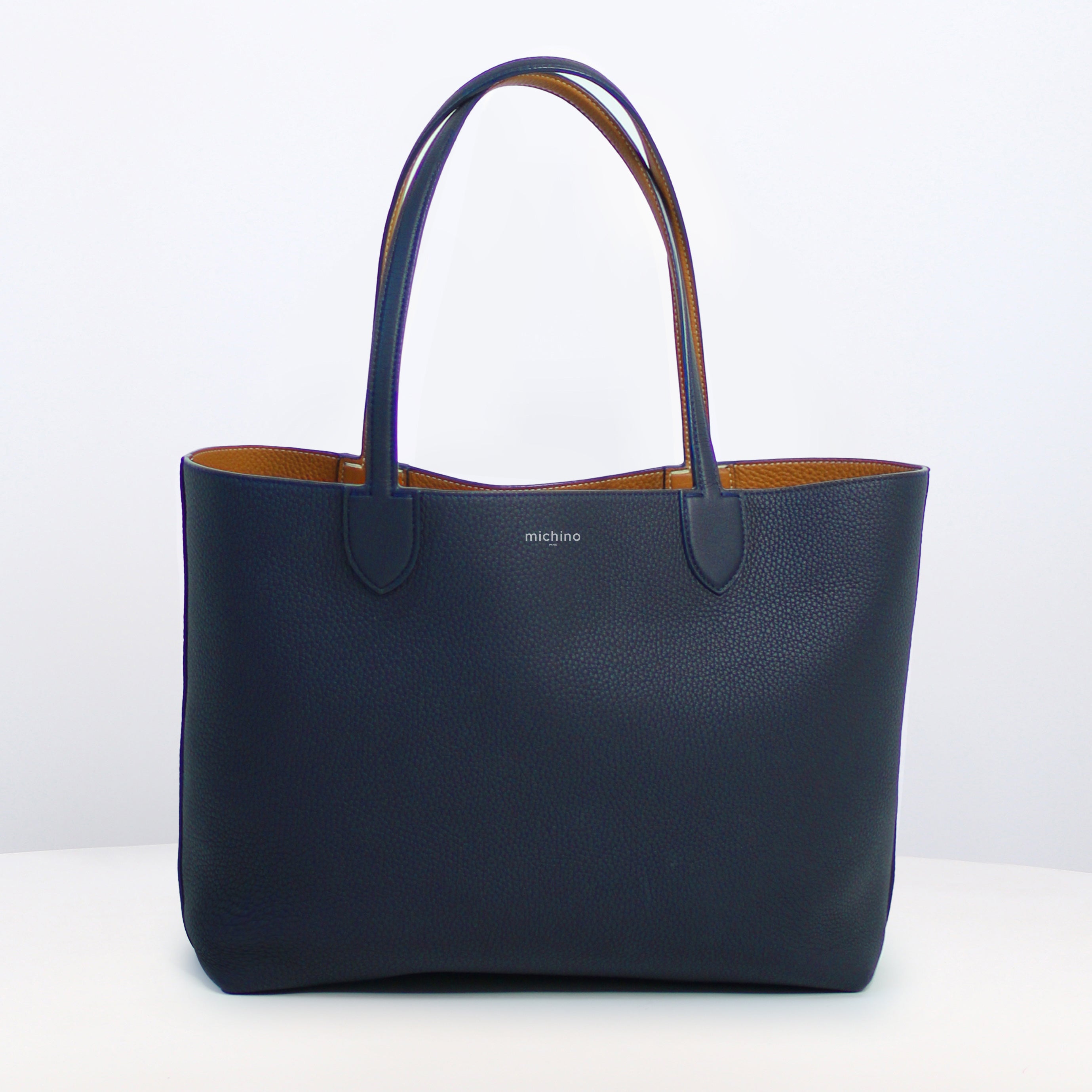 RIVOLI REVERSIBLE LEATHER TOTE BAG EAST/WEST CAMEL/NAVY BLUE