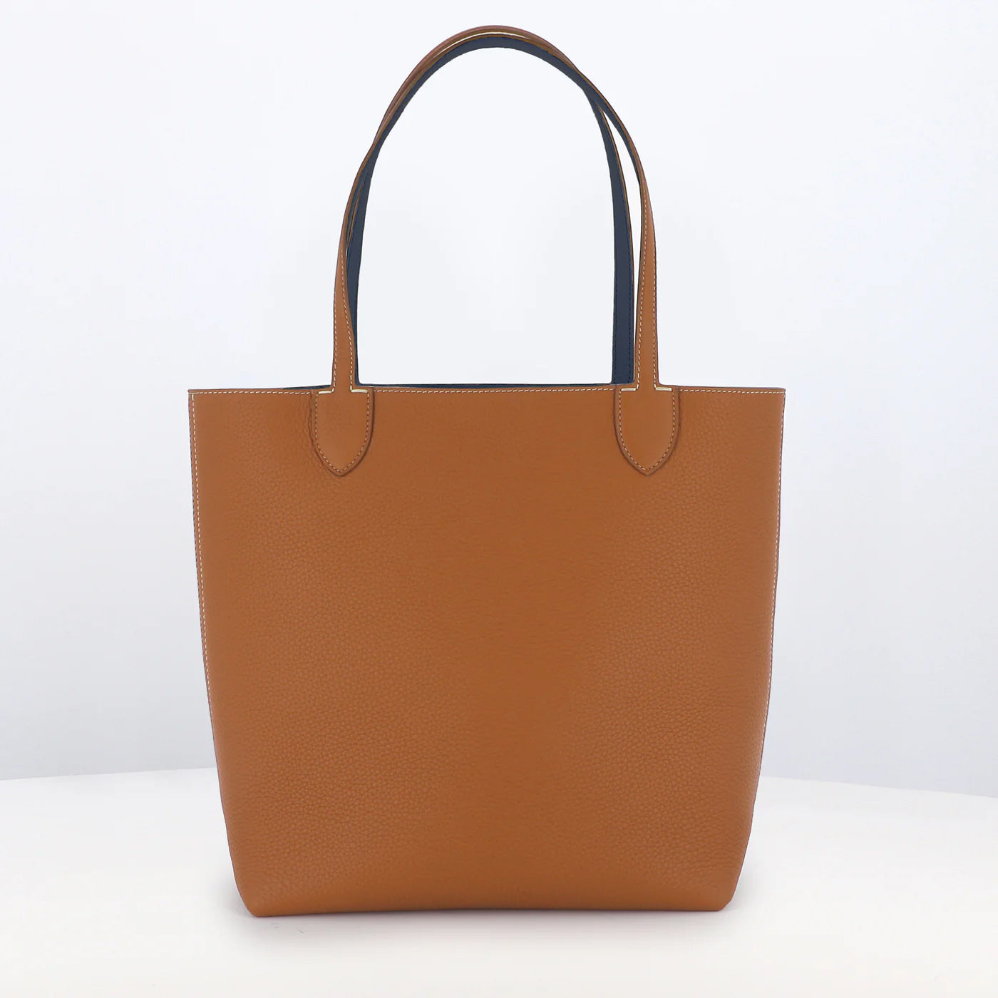 RIVOLI REVERSIBLE LEATHER TOTE BAG NORTH/SOUTH CAMEL/NAVY BLUE