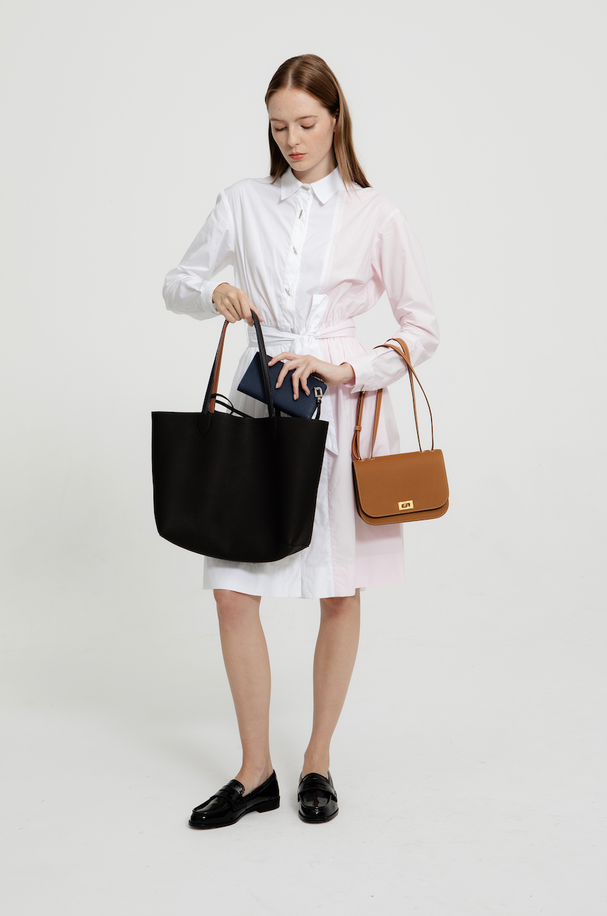 RIVOLI REVERSIBLE LEATHER TOTE BAG EAST/WEST ECLIPSE/GOLD