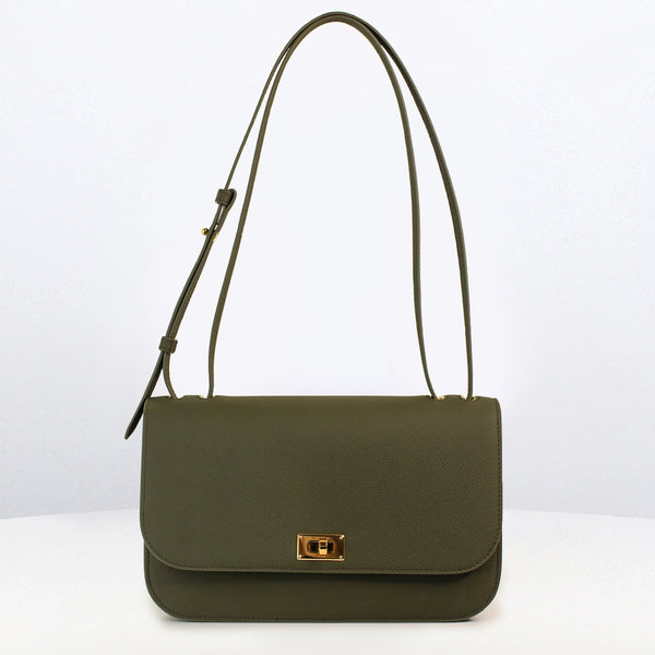 LEATHER FLAP BAG ELYSEE EAST/WEST KHAKI