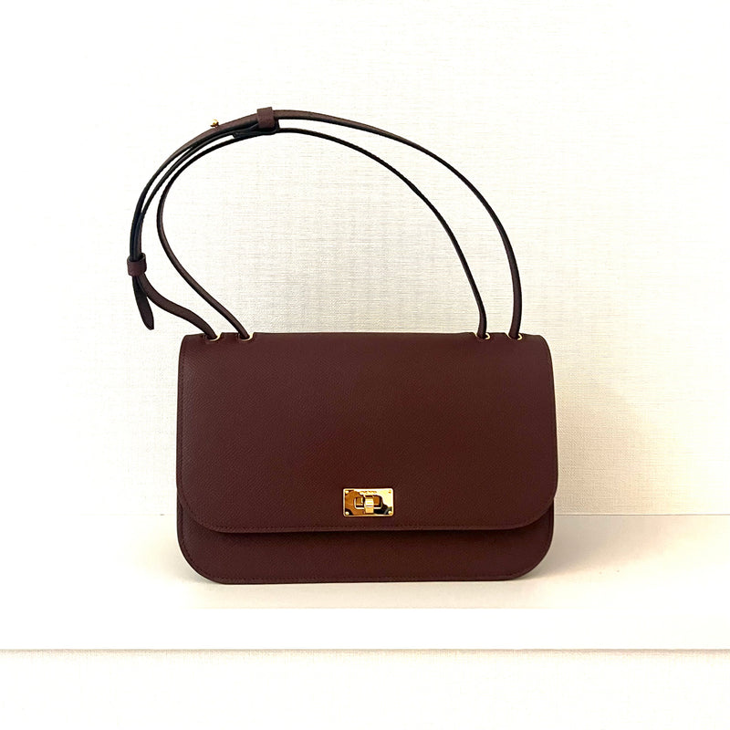LEATHER FLAP BAG ELYSEE BLACK  EAST/WEST PRUNE