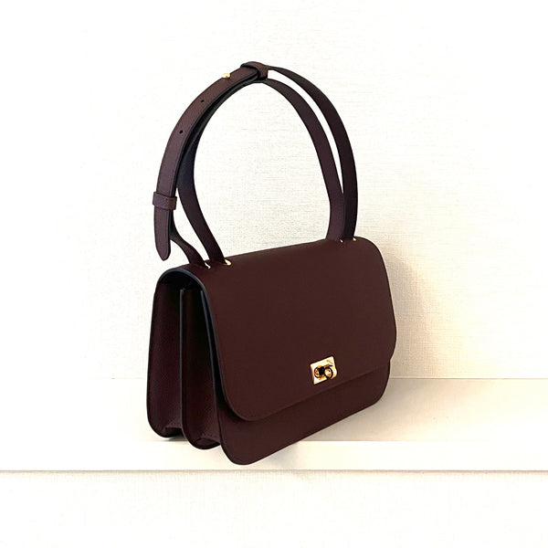 LEATHER FLAP BAG ELYSEE BLACK  EAST/WEST PRUNE