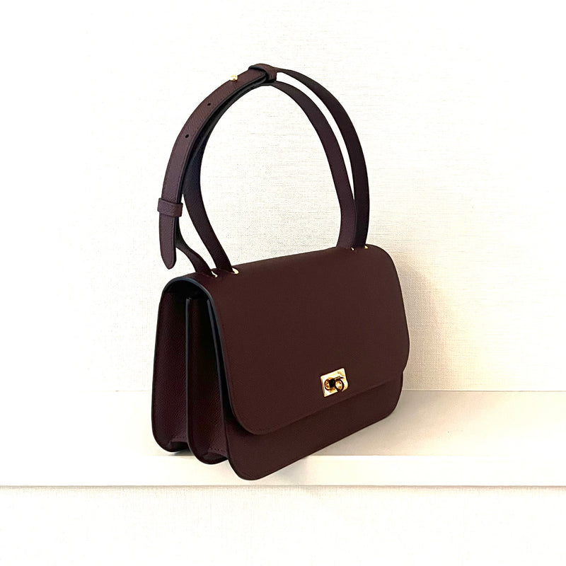 LEATHER FLAP BAG ELYSEE BLACK  EAST/WEST PRUNE