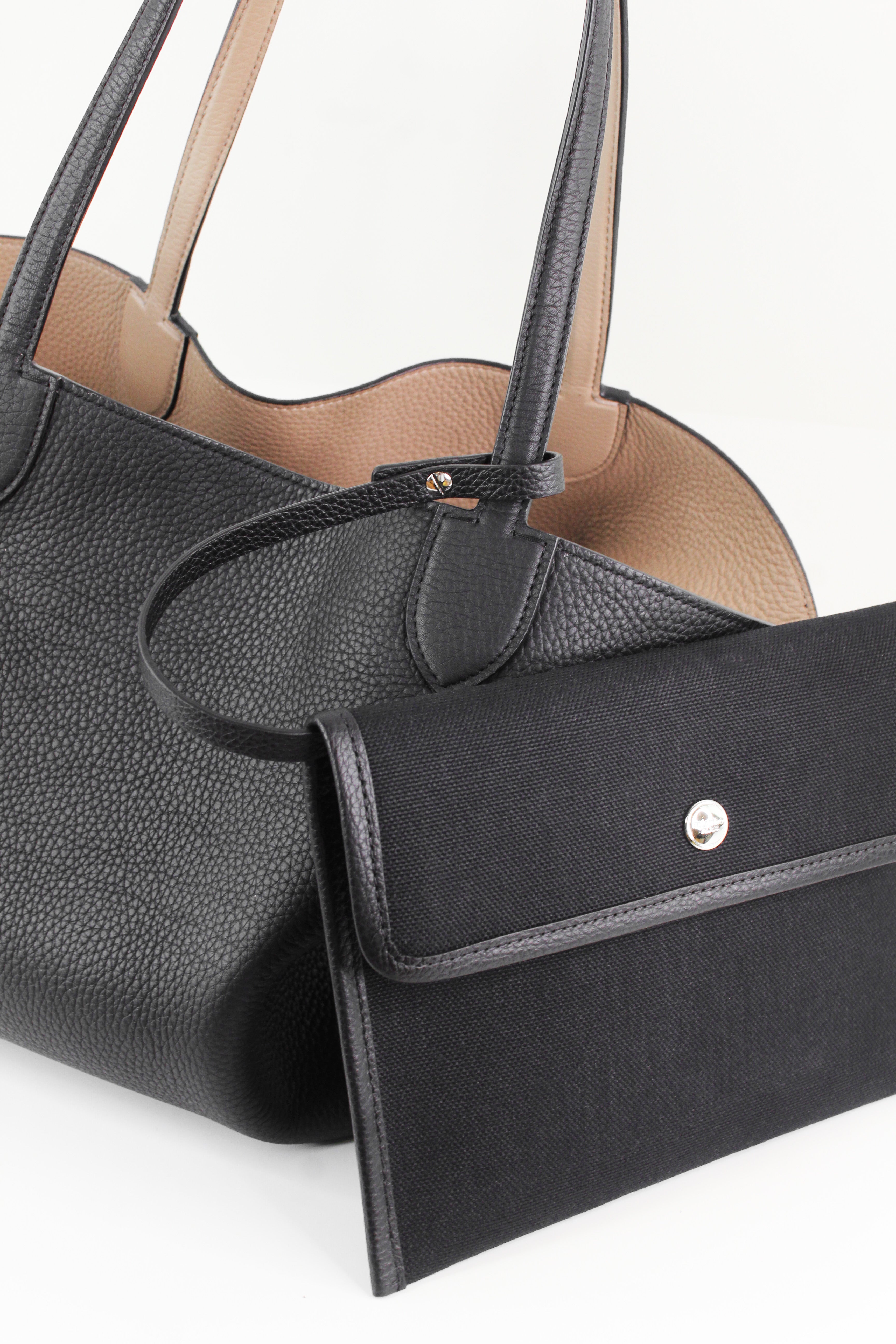 RIVOLI REVERSIBLE LEATHER TOTE BAG EAST/WEST BLACK/TOURTERELLE