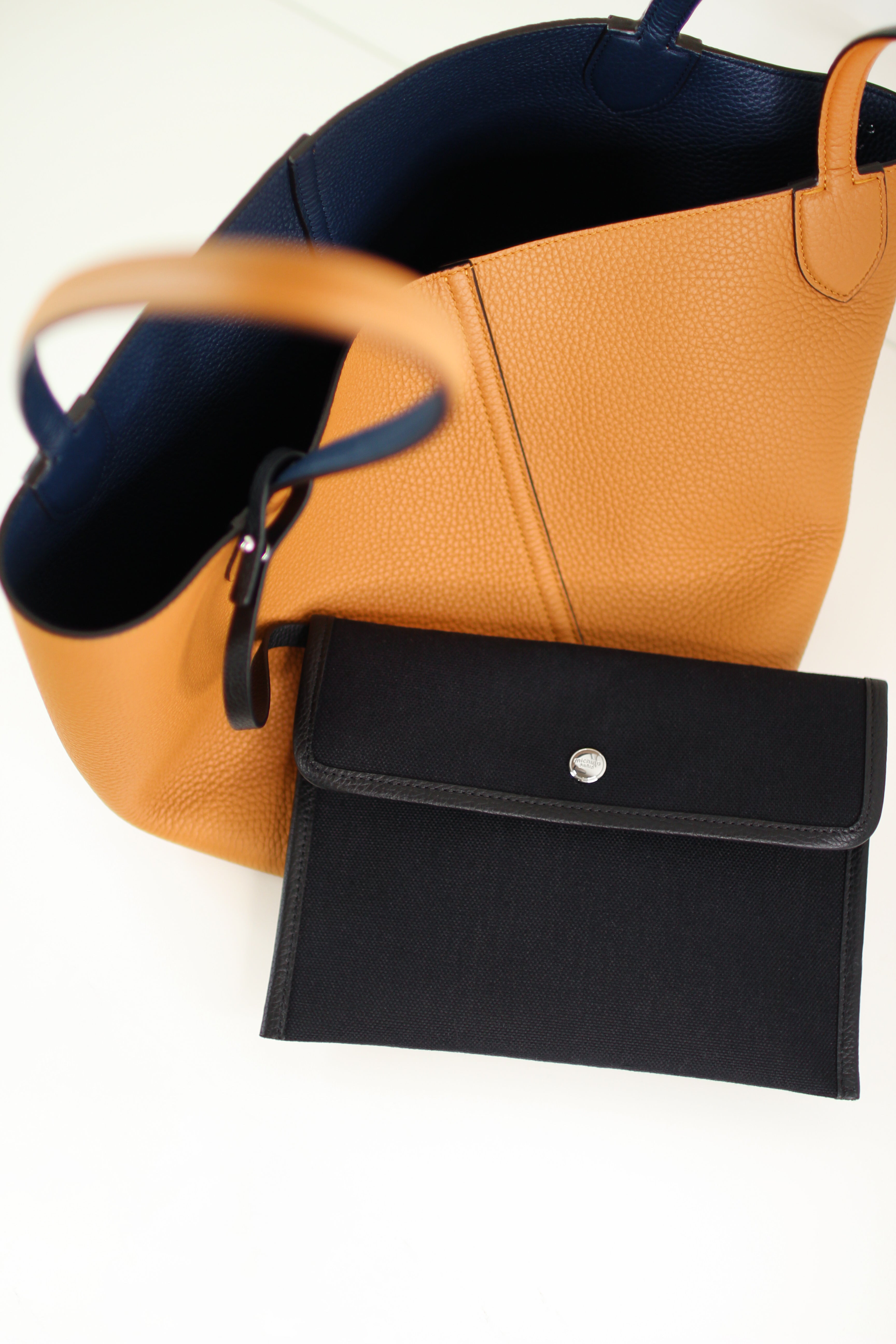 RIVOLI REVERSIBLE LEATHER TOTE BAG NORTH/SOUTH CAMEL/NAVY BLUE