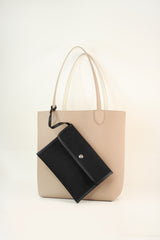 RIVOLI REVERSIBLE LEATHER TOTE BAG NORTH/SOUTH KHAKI/BLACK