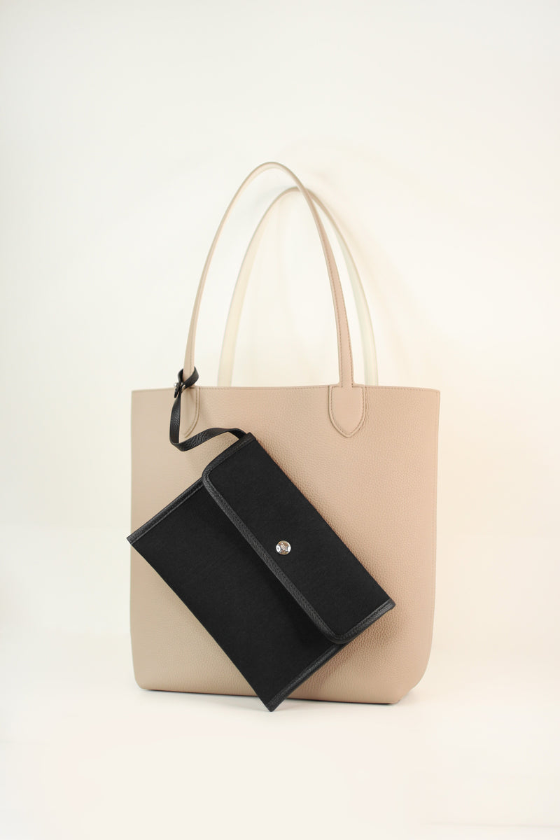 RIVOLI REVERSIBLE LEATHER TOTE BAG NORTH/SOUTH KHAKI/BLACK