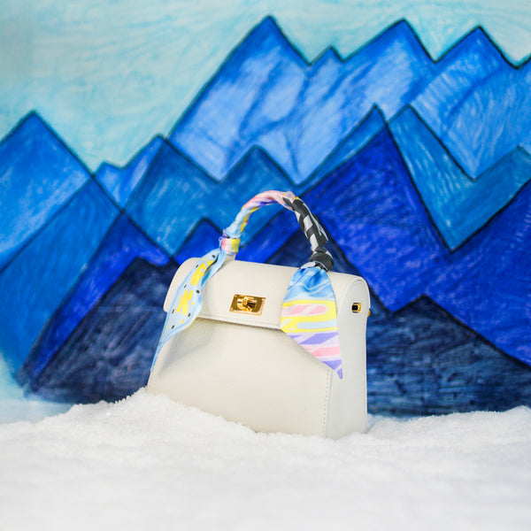 GIFT SET: PALAIS ROYAL MINI IVORY LEATHER HANDBAG & MICHII NEW YORK SILK SCARF