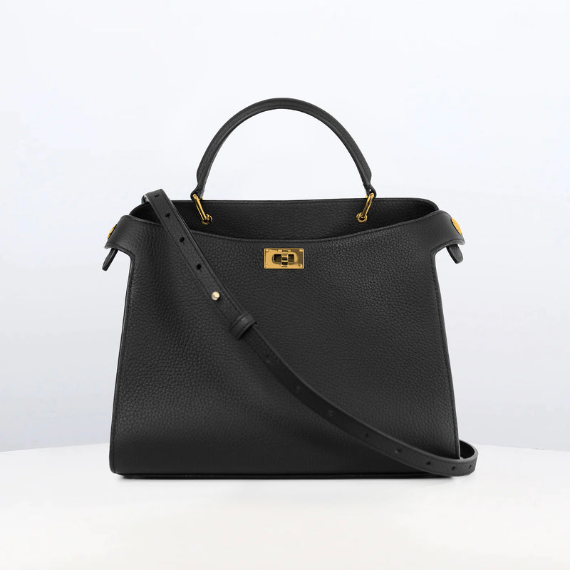 LEATHER HANDBAG LUTECE 27 BLACK WITH GOLD HARWARE