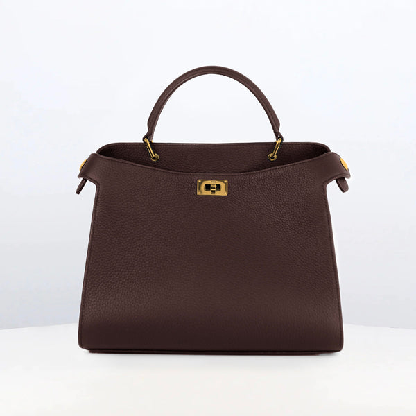 LEATHER HANDBAG LUTECE 27 PRUNE WITH GOLD HARWARE