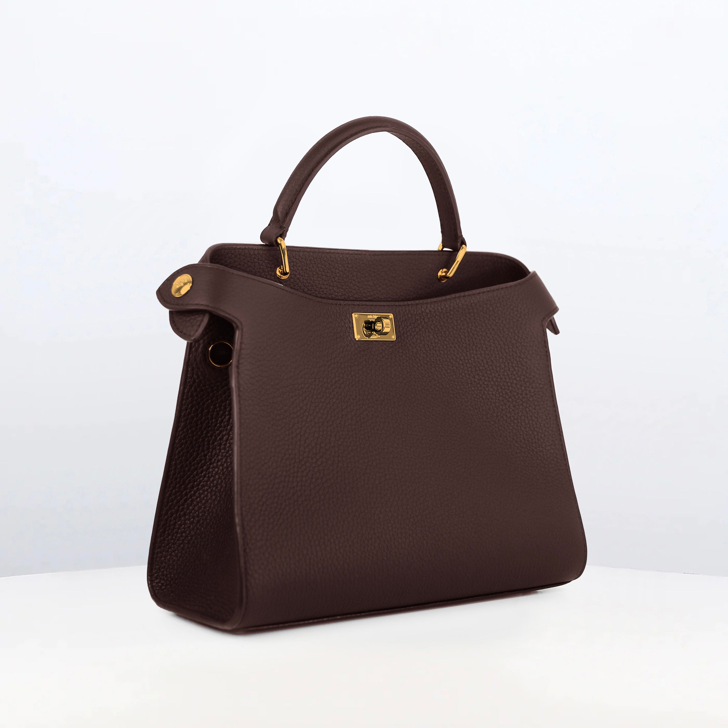 LEATHER HANDBAG LUTECE 27 PRUNE WITH GOLD HARDWARE