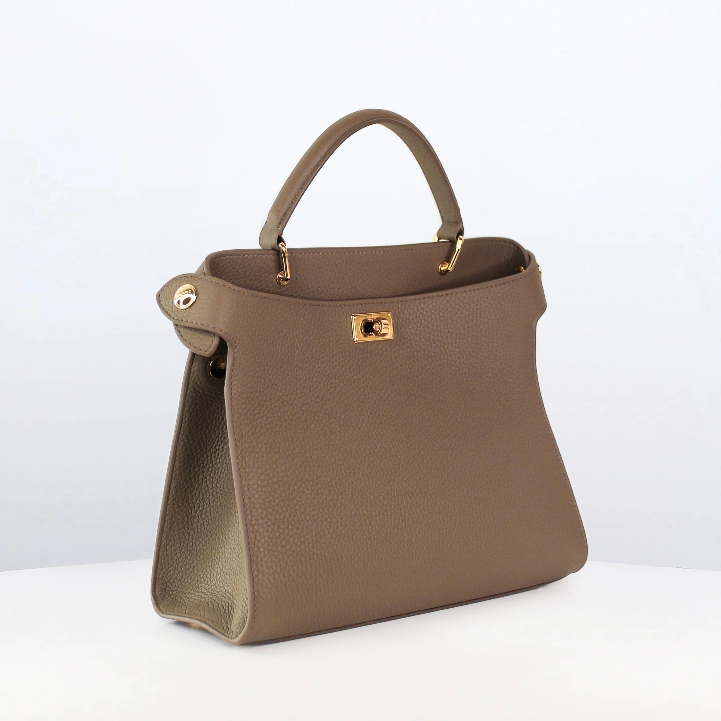 LEATHER HANDBAG LUTECE 27 TAUPE WITH GOLD HARDWARE