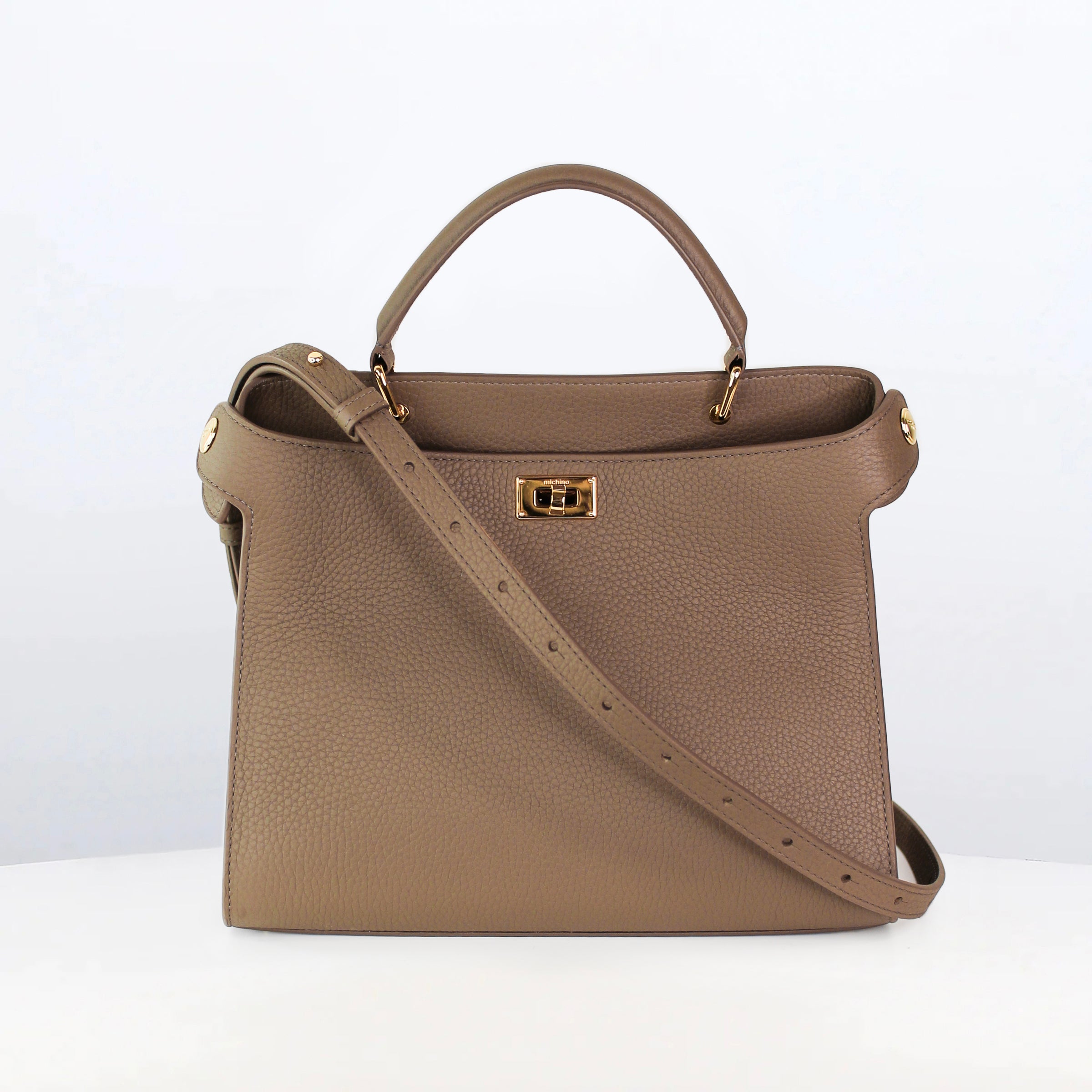 LEATHER HANDBAG LUTECE 27 TAUPE WITH GOLD HARDWARE