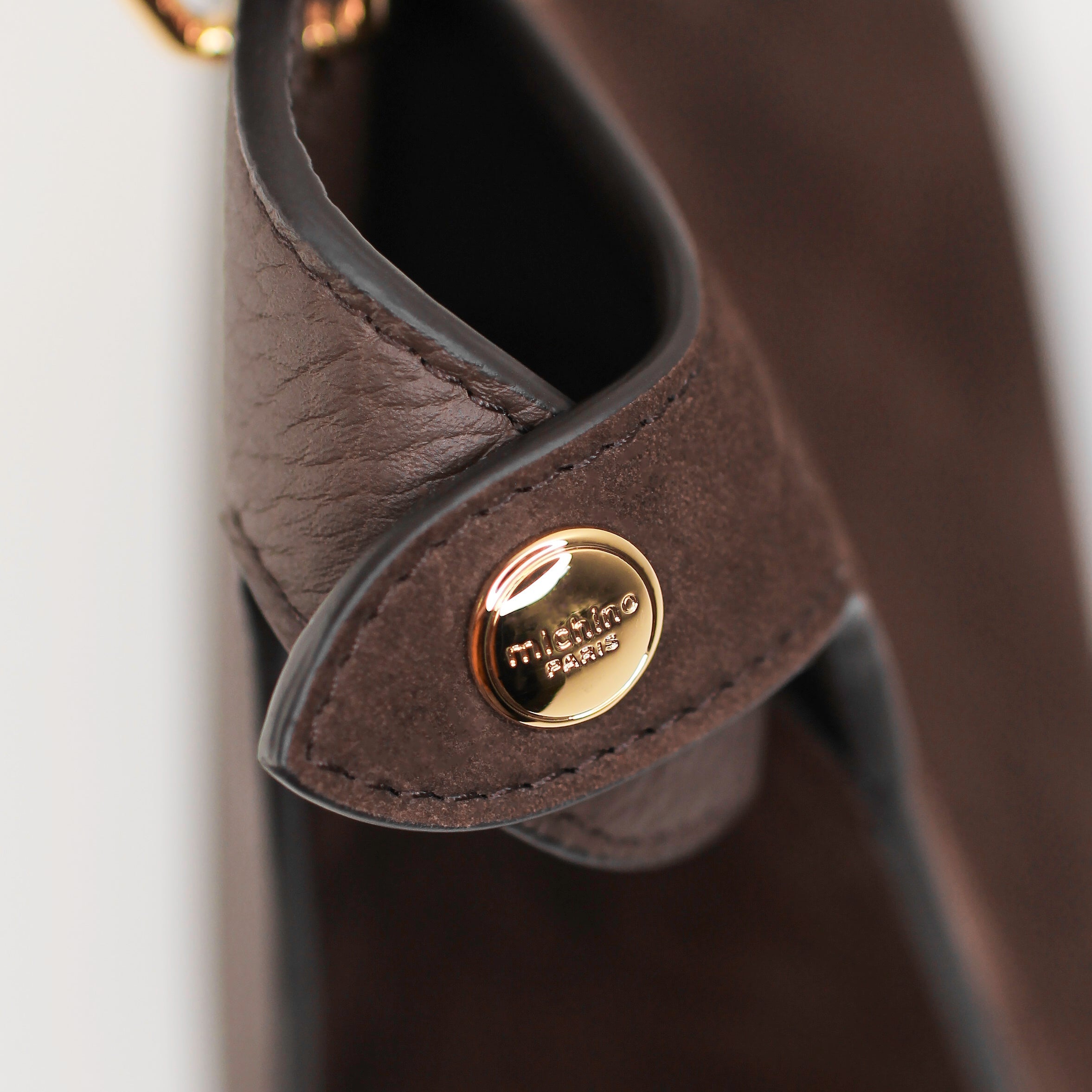 LEATHER HANDBAG LUTECE MINI NUBUCK CHOCOLATE WITH GOLD HARDWARE