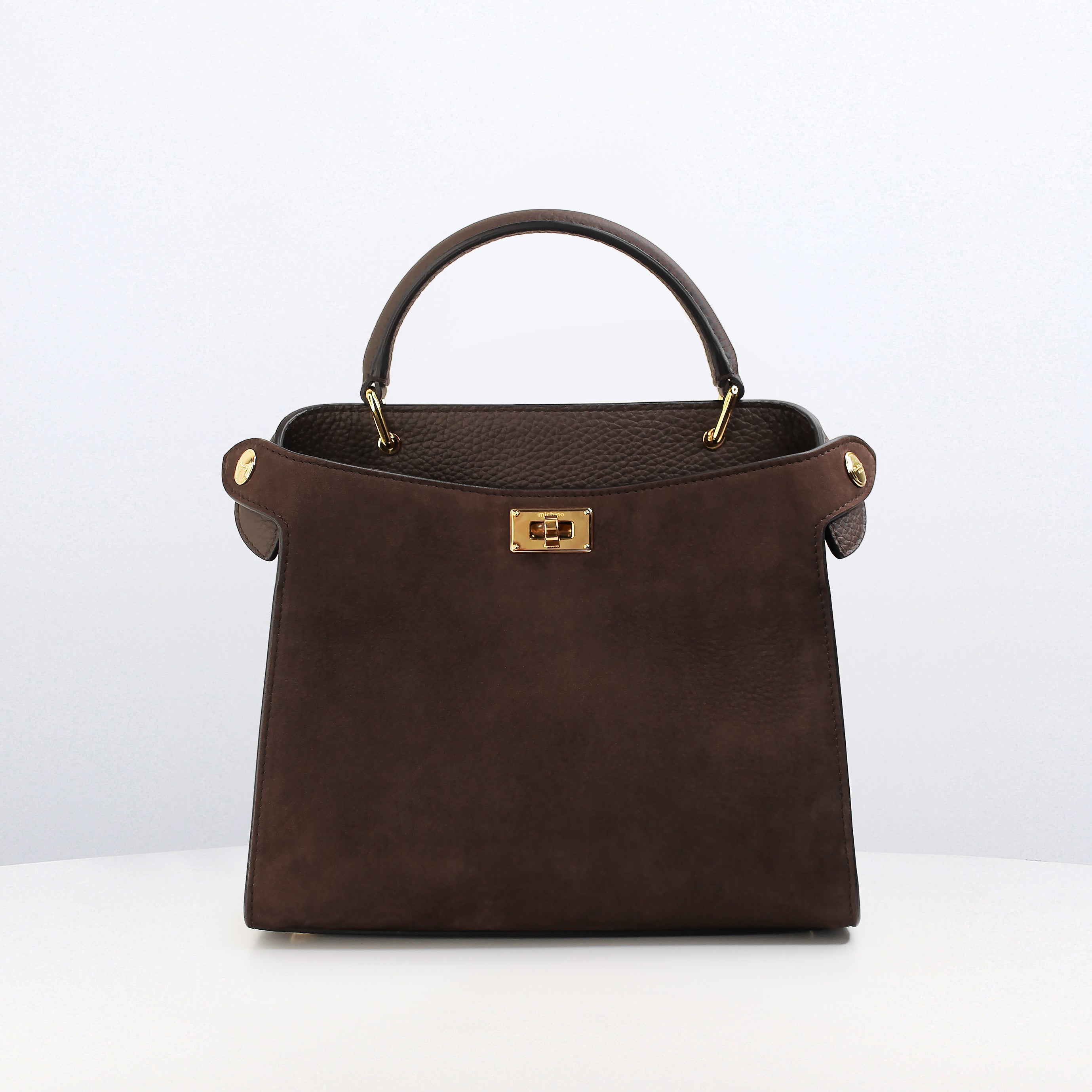 LEATHER HANDBAG LUTECE MINI NUBUCK CHOCOLATE WITH GOLD HARDWARE