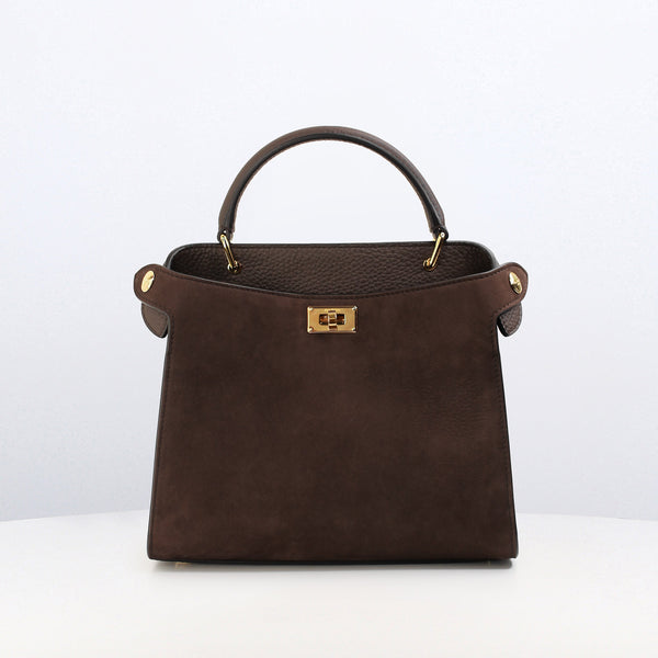 LEATHER HANDBAG LUTECE MINI NUBUCK CHOCOLATE WITH GOLD HARDWARE