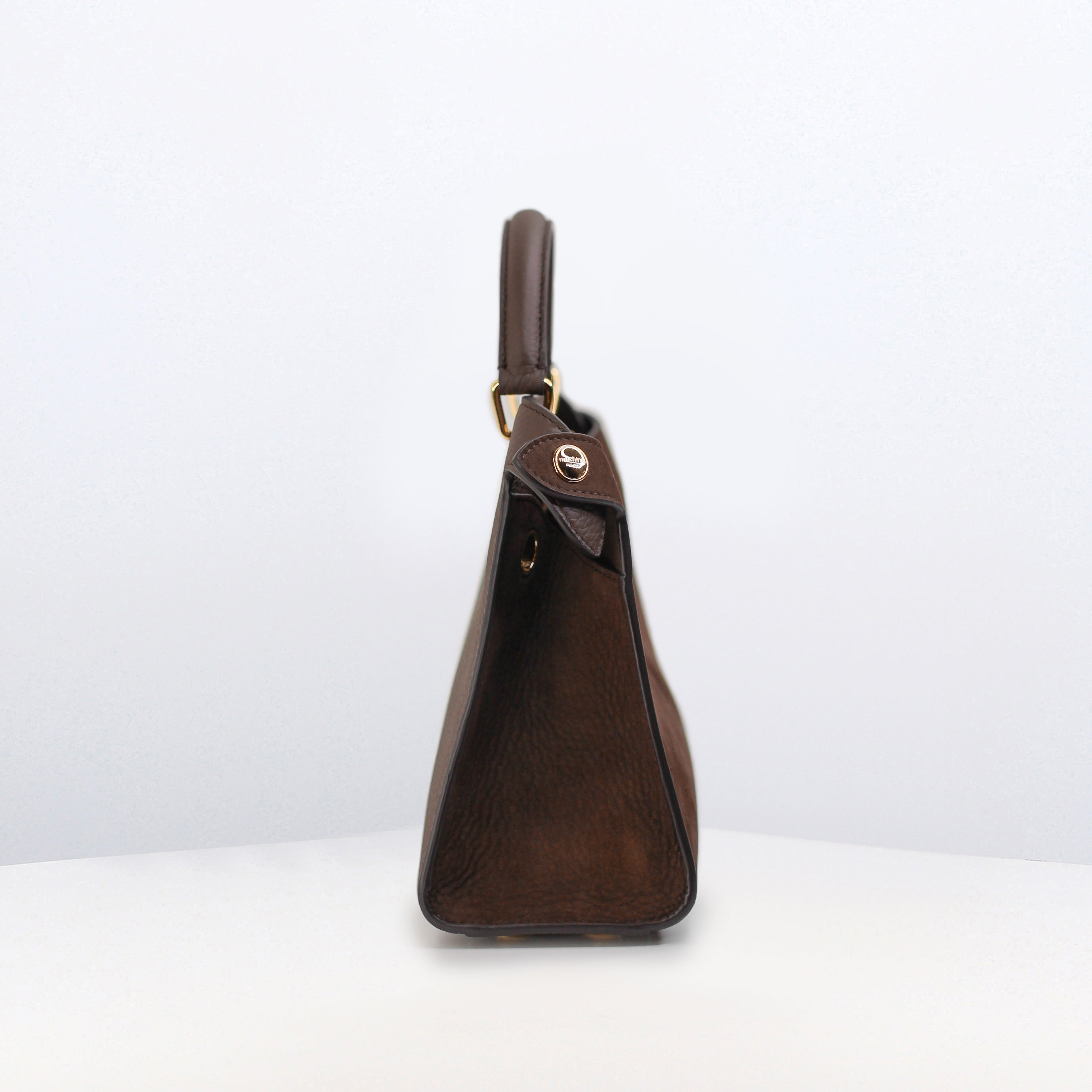 LEATHER HANDBAG LUTECE MINI NUBUCK CHOCOLATE WITH GOLD HARDWARE