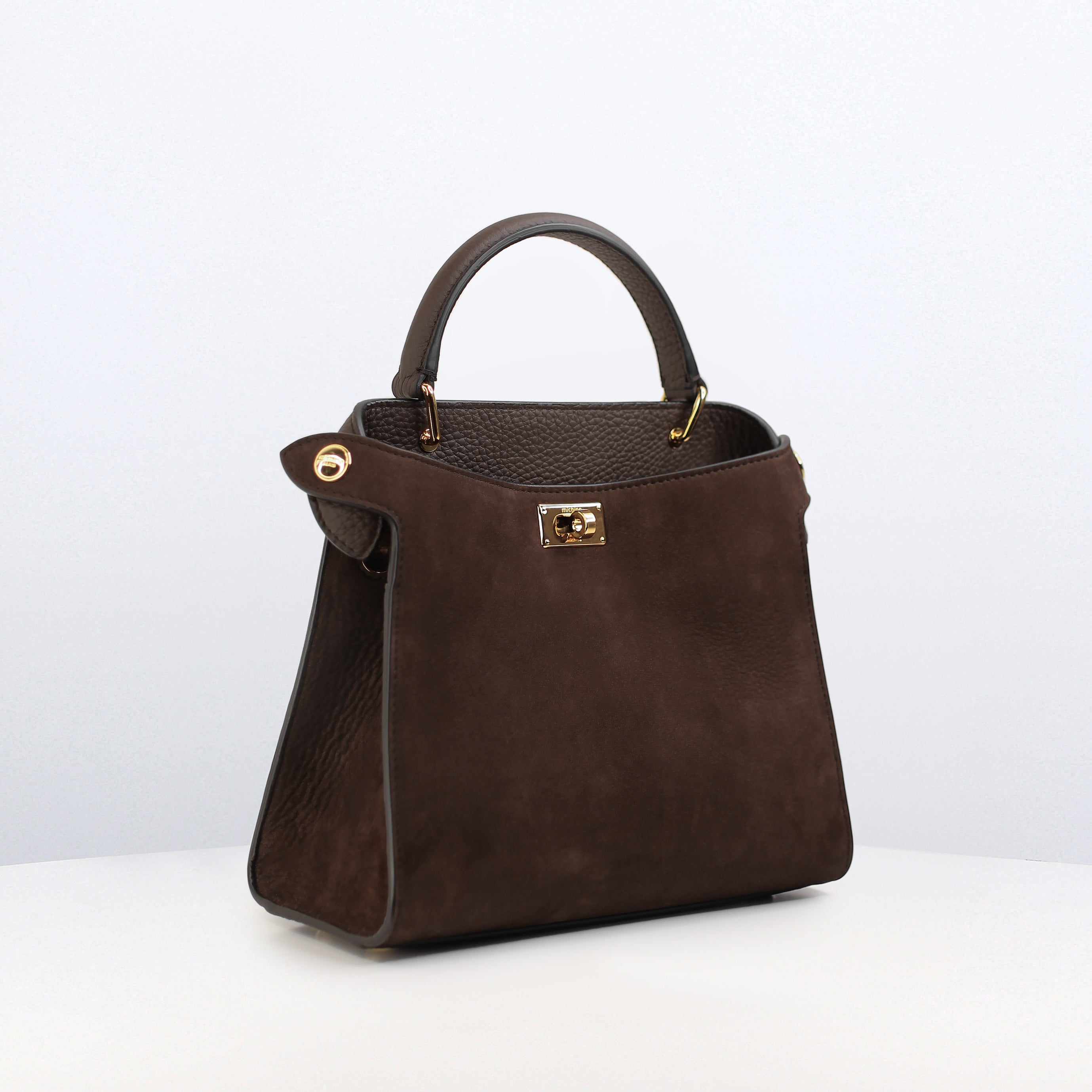 LEATHER HANDBAG LUTECE MINI NUBUCK CHOCOLATE WITH GOLD HARDWARE
