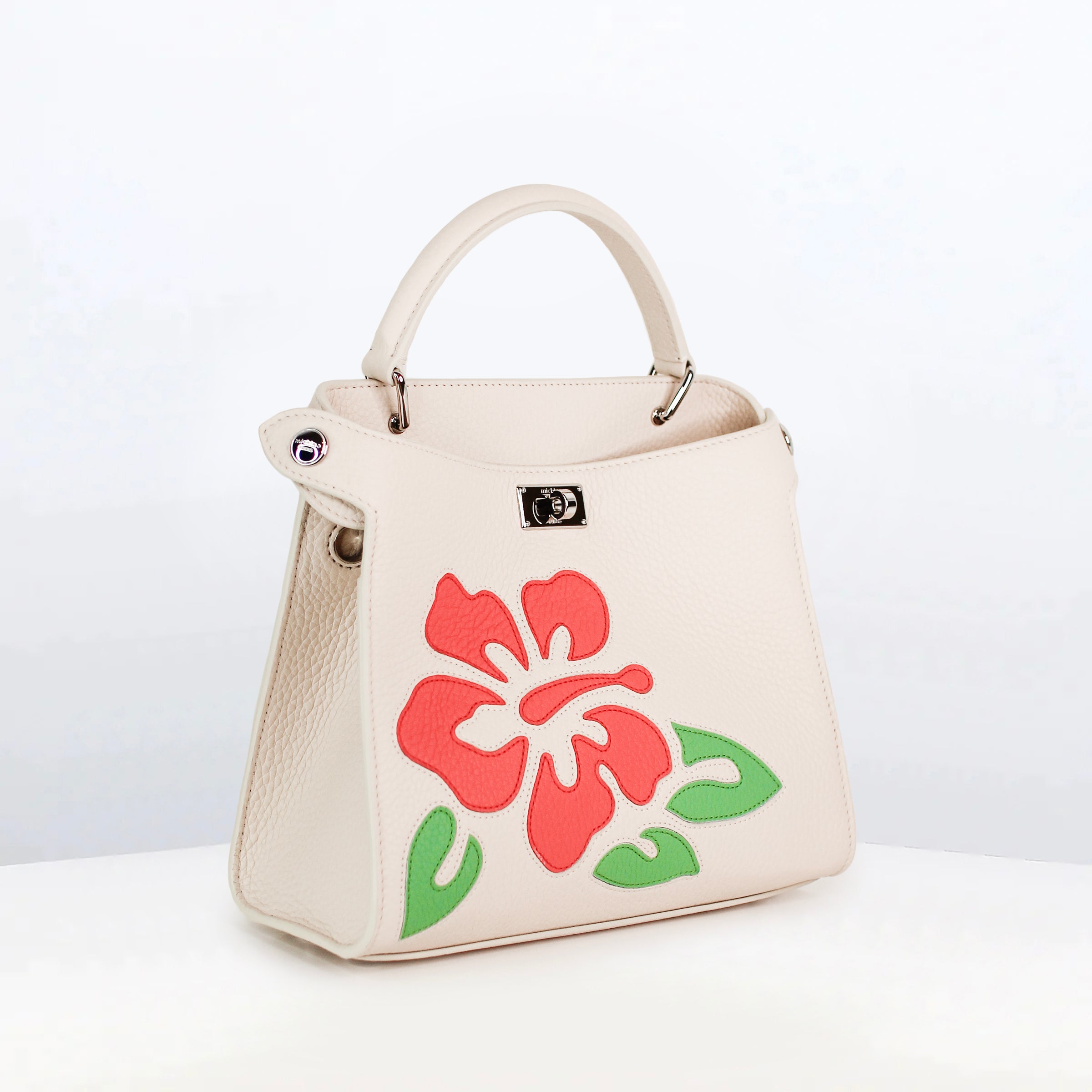 LEATHER HANDBAG LUTECE MINI INTERSIA IVORY RED FLOWERS