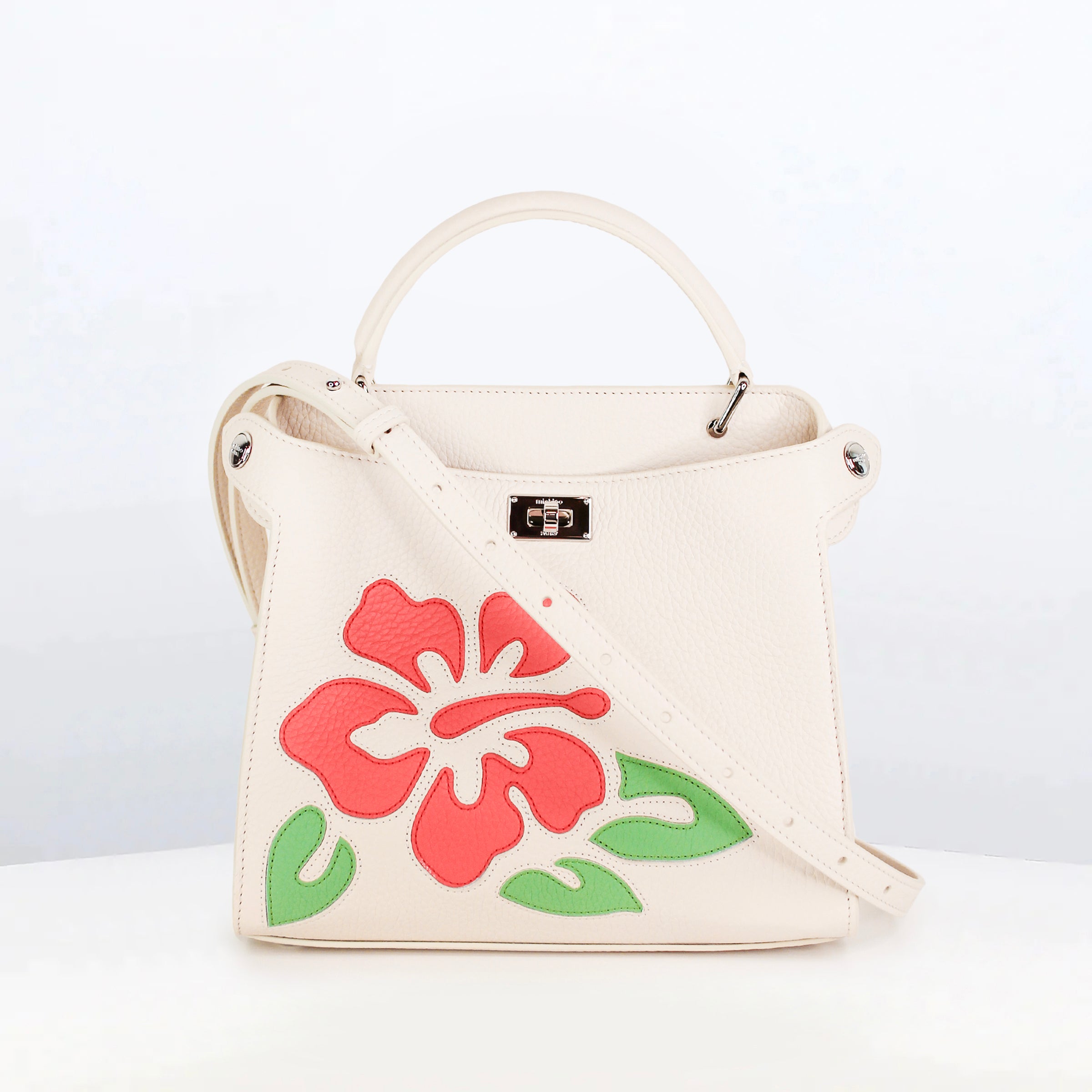 LEATHER HANDBAG LUTECE MINI INTERSIA IVORY RED FLOWERS