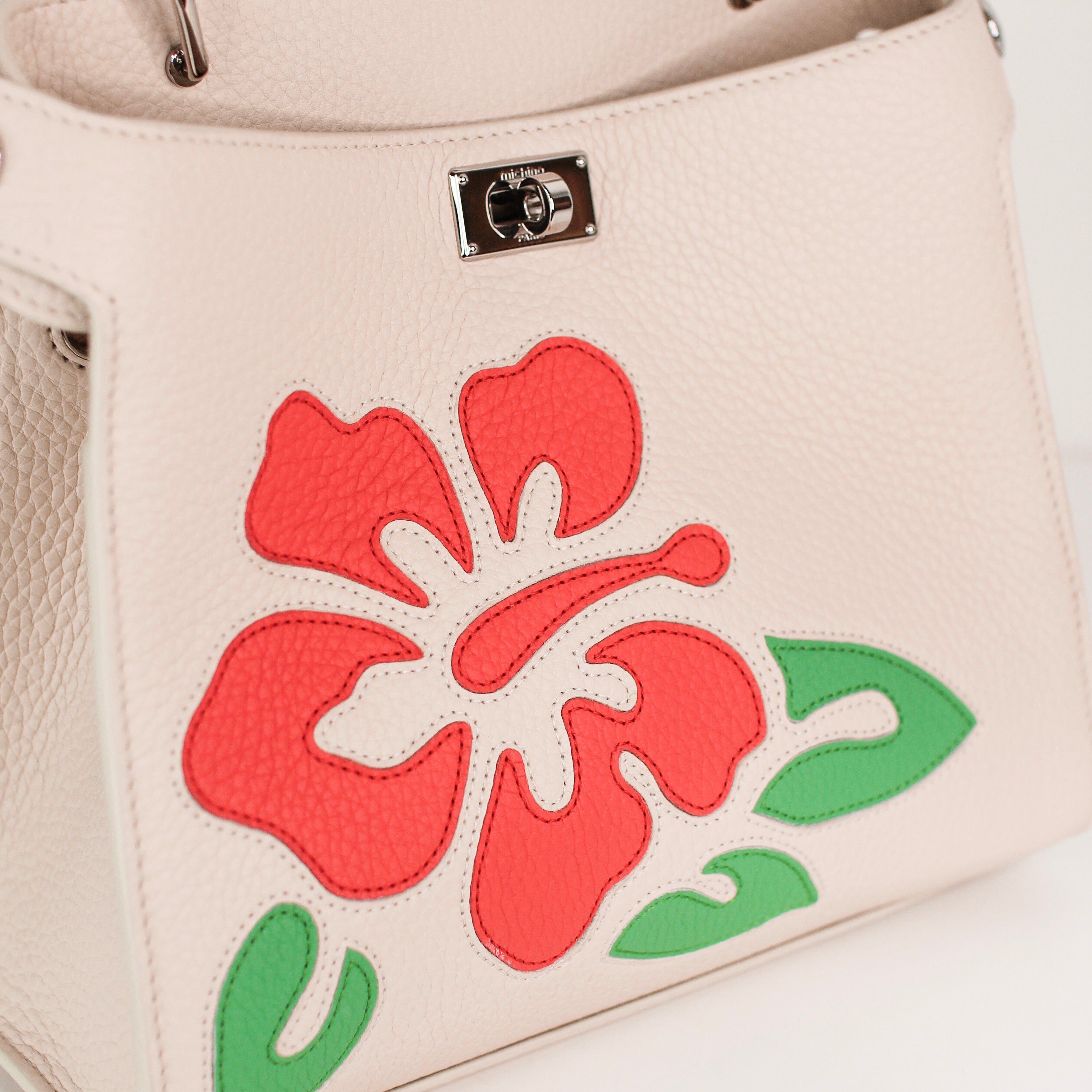 LEATHER HANDBAG LUTECE MINI INTERSIA IVORY RED FLOWERS