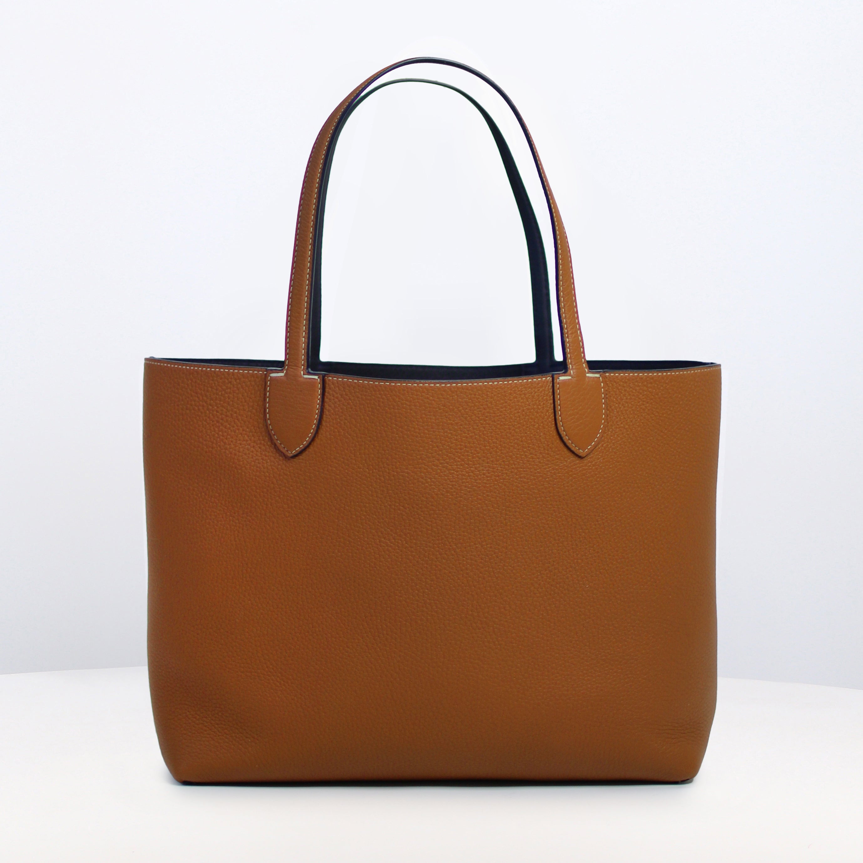 RIVOLI REVERSIBLE LEATHER TOTE BAG EAST/WEST CAMEL/NAVY BLUE