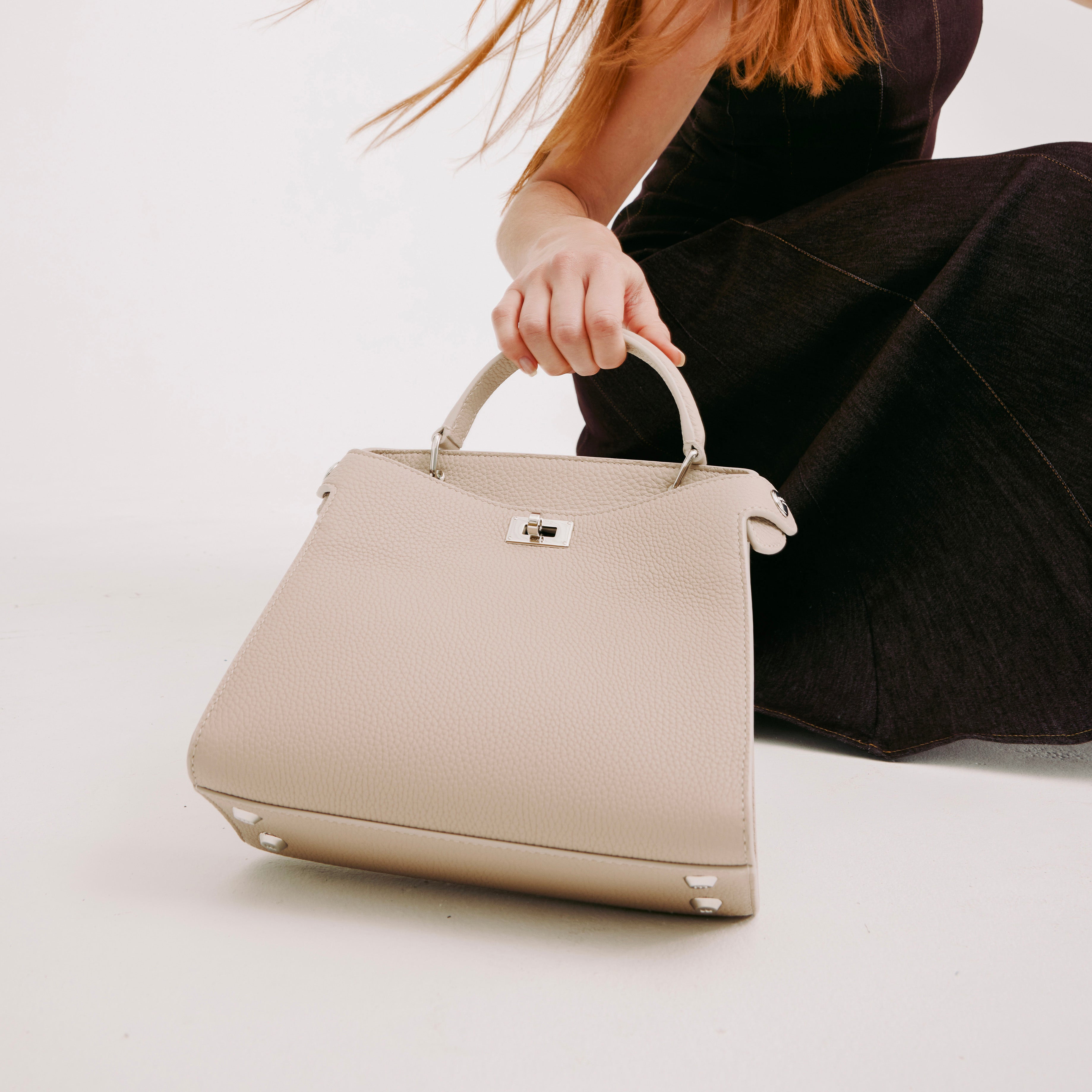 Greige Leather Handbag, Lutece Mini | Michino Paris